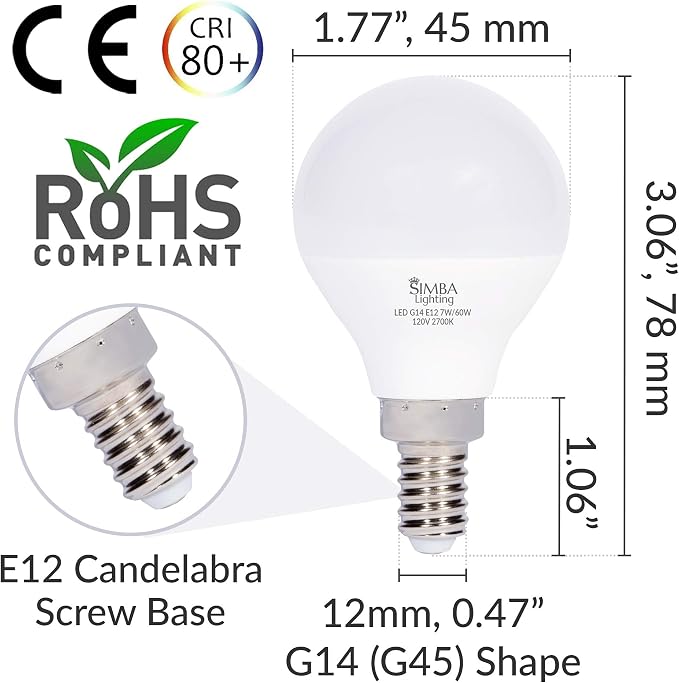 6 Pack G14 LED Light Bulbs 7W 2700K Warm White E12 Candelabra Base