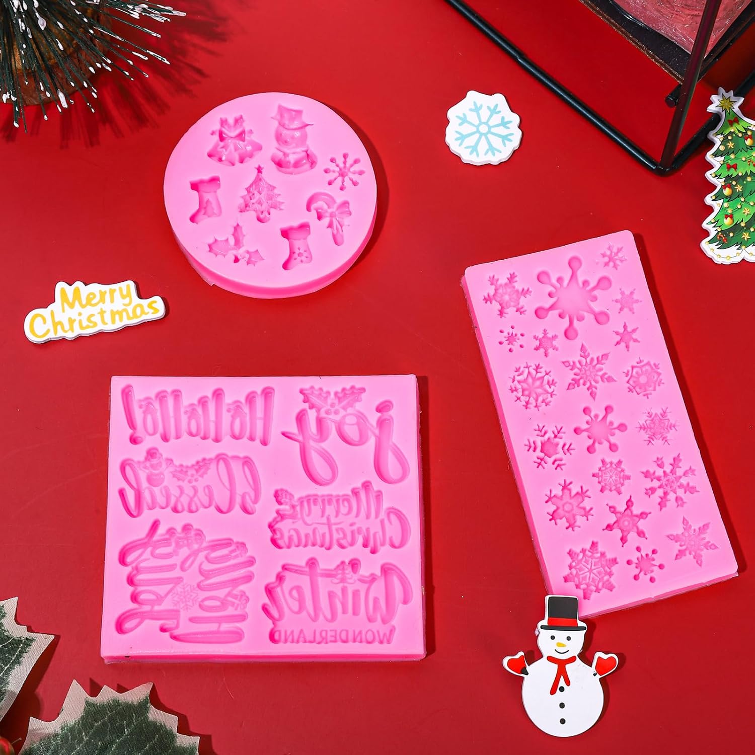 3Pcs Merry Christmas Fondant Mold Pink Assorted Snowflake Silicone Mold Blessed Words Joy Holly Jolly Chocolate Candy Mould For Xmas Winter Party Cupcake Sugar Craft Gum Resin Clay