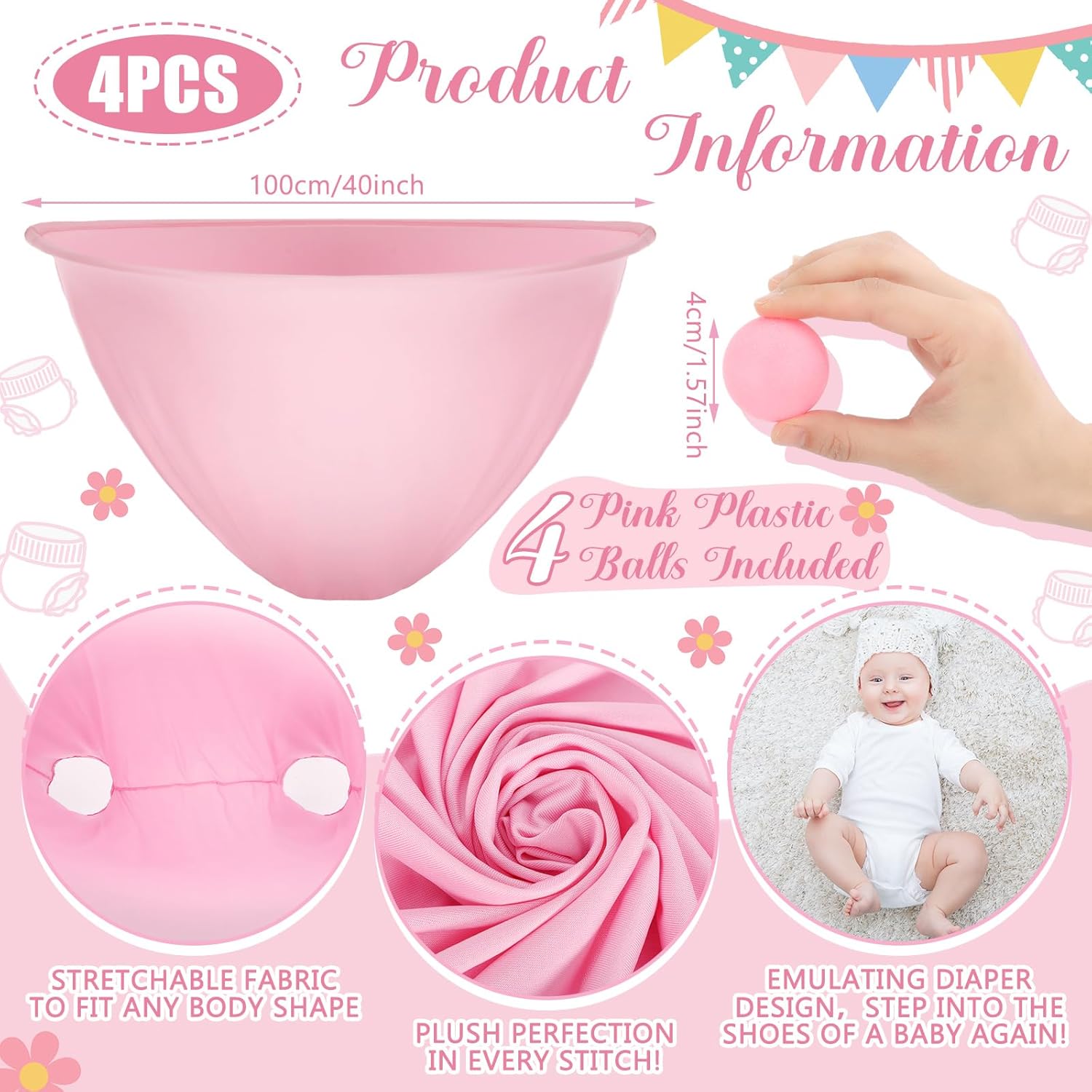 4Sets Baby Shower Games Bridal Shower Games Funny Activities Balls Included Funniest Baby Game Ever For Boy Or Girl How Many Plushies Can You Catch In Your Diaper (Pink)