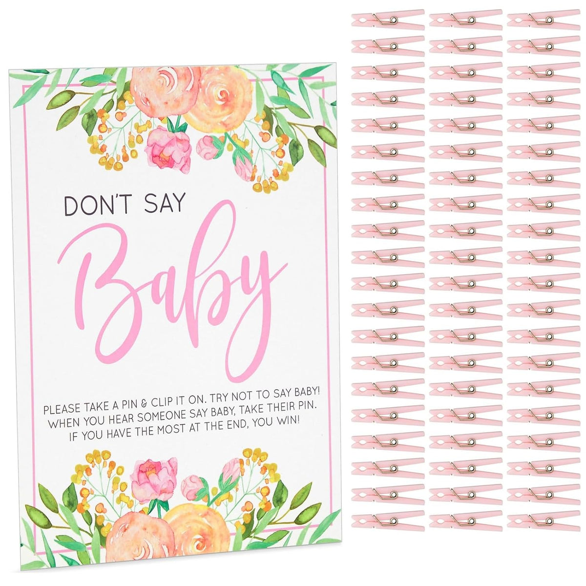Don'T Say Baby Shower Game Sign - 8 X 10 In, 60 Pink Clothespins & Floral Design For Baby Shower Games For Girl