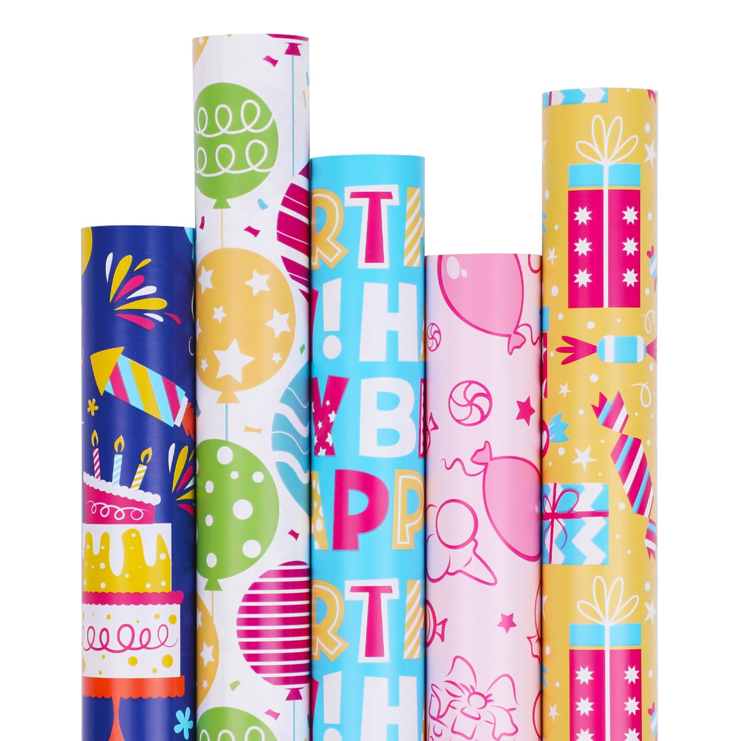 Birthday Wrapping Paper Set – 5 Rolls (17" X 120" Each) - Colourful Happy Birthday Designs For Kids