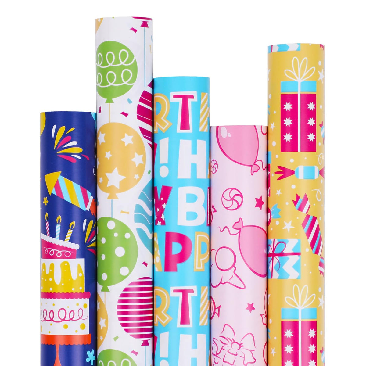 Birthday Wrapping Paper Set – 5 Rolls (17" X 120" Each) - Colourful Happy Birthday Designs For Kids