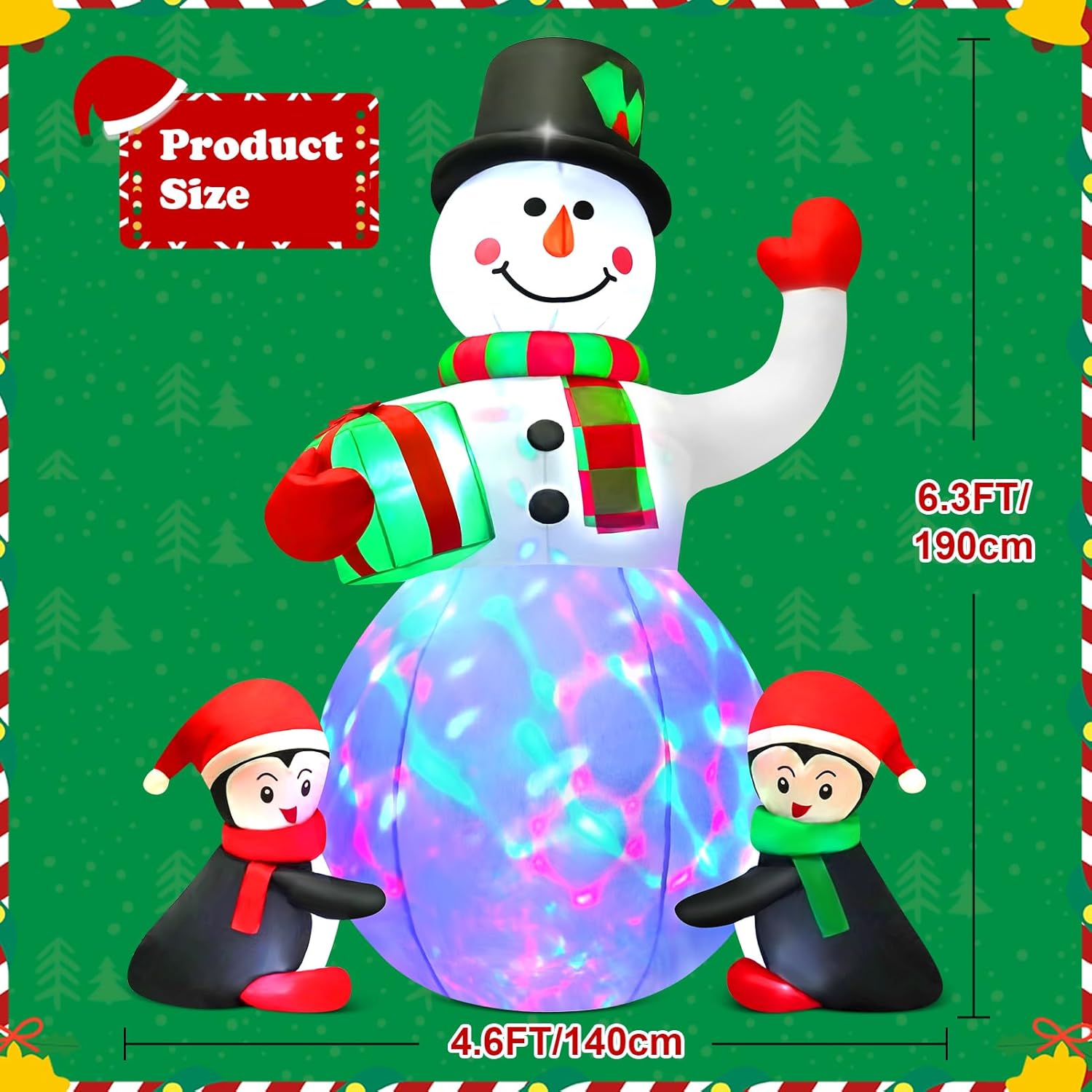 Christmas Inflatables Outdoor Decorations, 6.3 Ft Inflatable Snowman With 2 Penguins And Gift, Blow Up Xmas Decorations