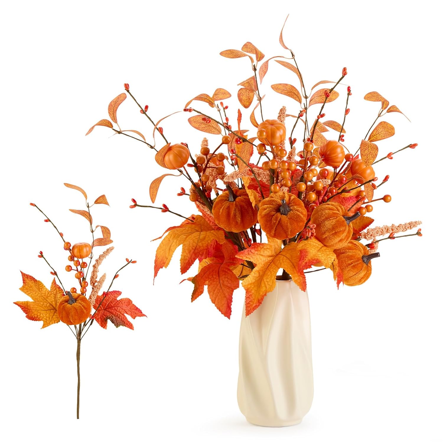 4Pcs Artificial Autumn Pumpkin Berry Flower Maple Plant Stems Picks Farmhouse Vase Decorations, For Home Harvest Holiday Indoor Thanksgiving