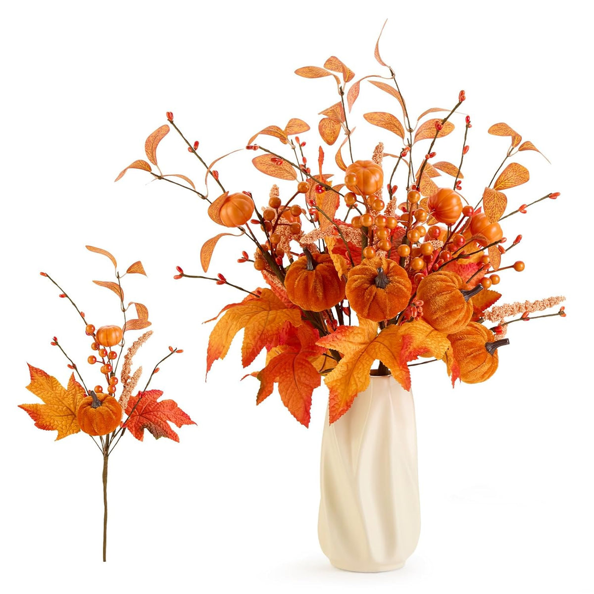 4Pcs Artificial Autumn Pumpkin Berry Flower Maple Plant Stems Picks Farmhouse Vase Decorations, For Home Harvest Holiday Indoor Thanksgiving