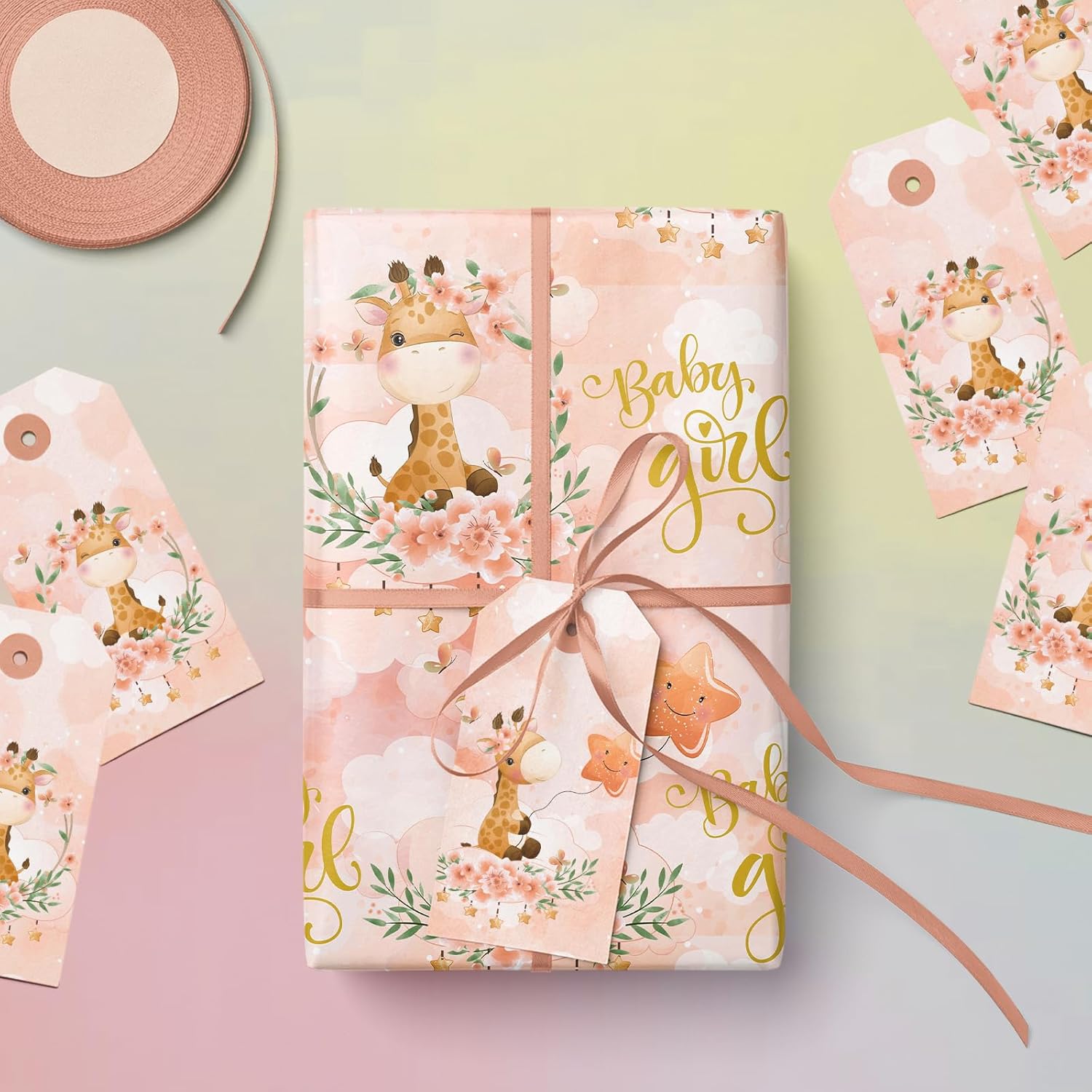 Baby Girl Wrapping Paper Roll - Mini Roll - 17 Inch X 9.8 Feet - Cute Giraffe And Baby Girl Lettering Design, Perfect For Baby Shower, Party, Holiday
