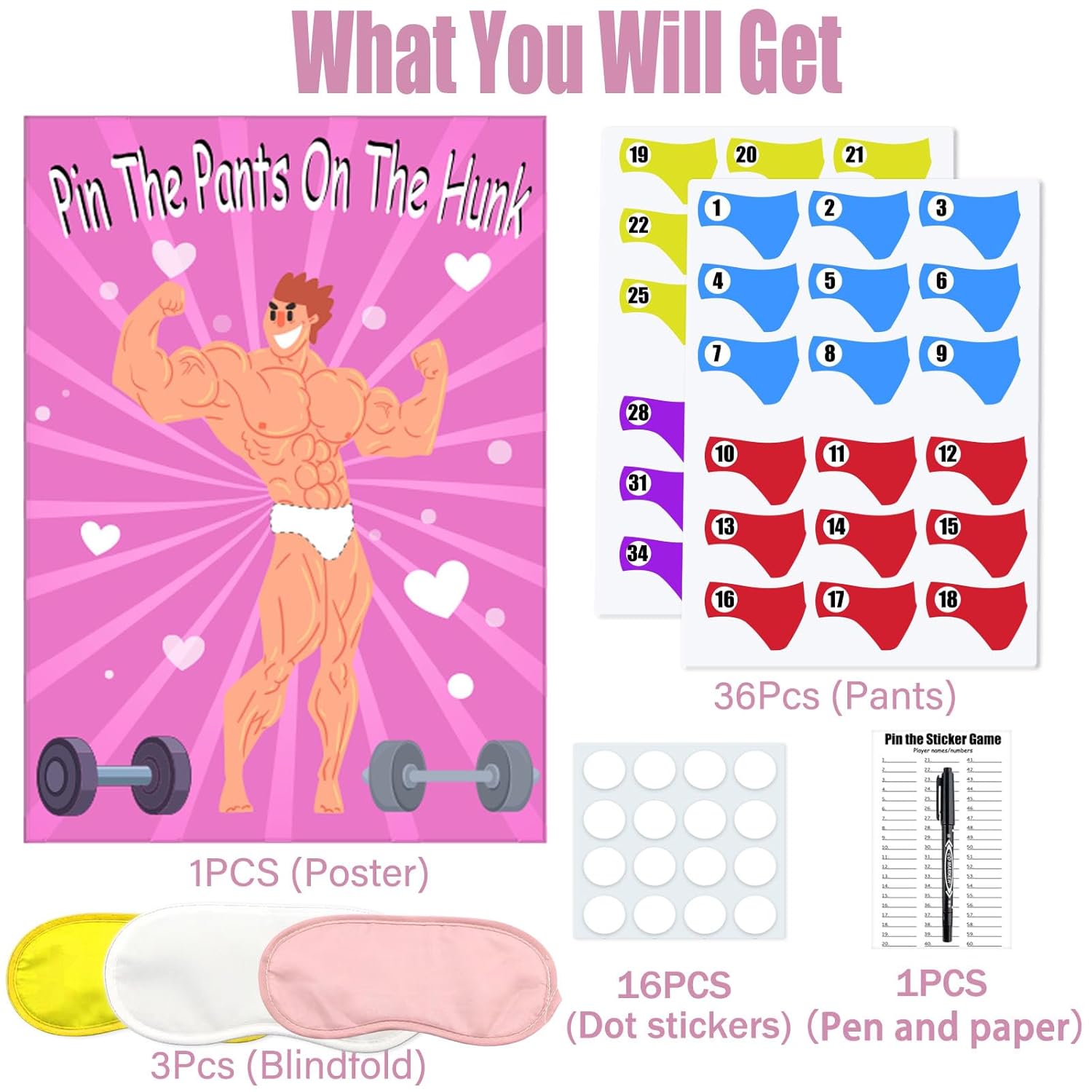 Bridal Shower Games, Pin The Pants On The Hunk, Bachelorette Party, Wedding, Engagement 36 Stickers Includes Large Poster Single Girl Party Night