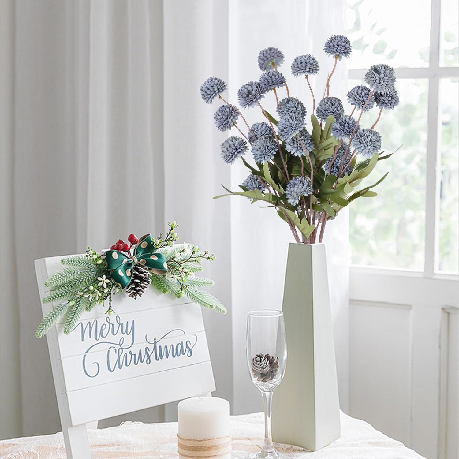 5 Pcs Pompon Mum Artificial Flowers, Dusty Blue Flowers Fake Mini Chrysanthemums Flowers With Stems For Wedding Diy Bouquet Table Centerpieces Floral Arrangements