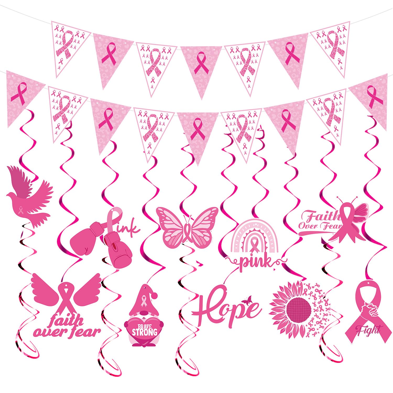 Breast Cancer Decorations Pink - 12PCS Breast Cancer Awareness Decorations Pink and White Ribbon Banner Cancer Awareness Charity Activity Party Hanging Swirls Supplies Decor Home Office