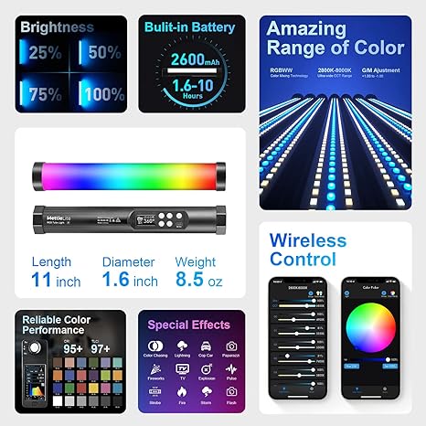 TLX1 RGB Tube Light Portable LED Video Light with App Control Rechargeable Magnetic Design