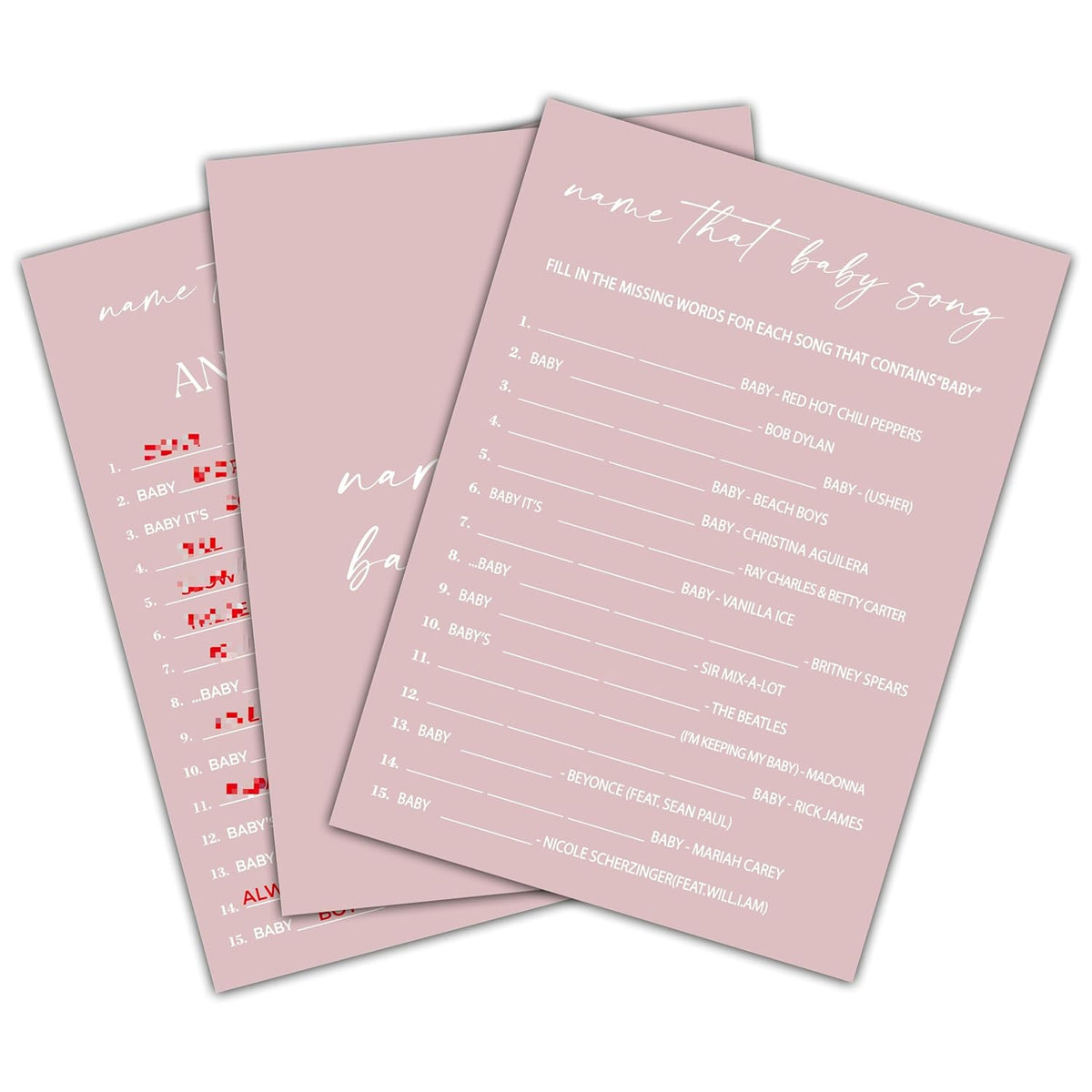 Blush Pink Baby Shower Game, Name That Baby Song Baby Shower Game Cards, Gender Reveal Party Game, Baby Shower Party Activities & Decorations -1 Answer Card & 25 Game Cards(B08)