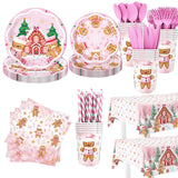194 Pcs Christmas Party Supplies Decorations Pink Gingerbread Party Decorations Gingerbread House Cookie Christmas Disposable Tableware Set With Plates Napkins And Tablecloth Serves 24 Guests