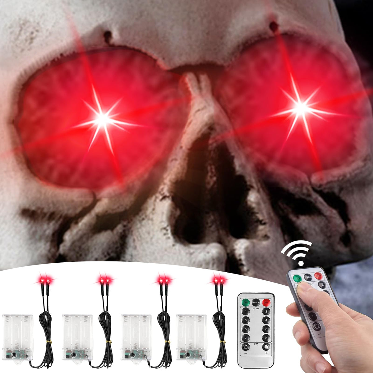 4 Pack Halloween Decoration LED Glowing Light Up Skulls Eyes, Horror DIY Glowing Eyes Lights Battery Operated for Halloween Decoration Masks, Skulls, Pumpkin, Spider, Tombstone Props (Red)