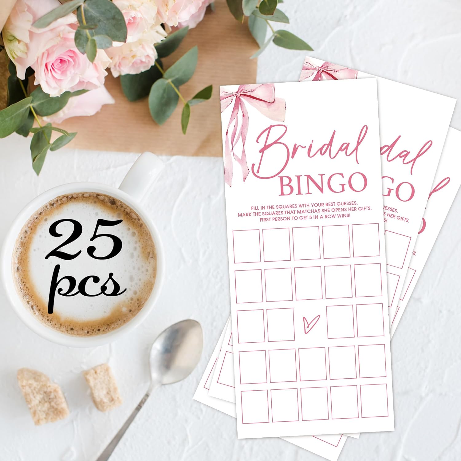 Pink Bow Wedding Shower Games, Bridal Bingo Wedding Games For 25 Guests, Engagement Shower Party Cards, Engagement & Bridal Party Supplies-4X9 Inch-A08