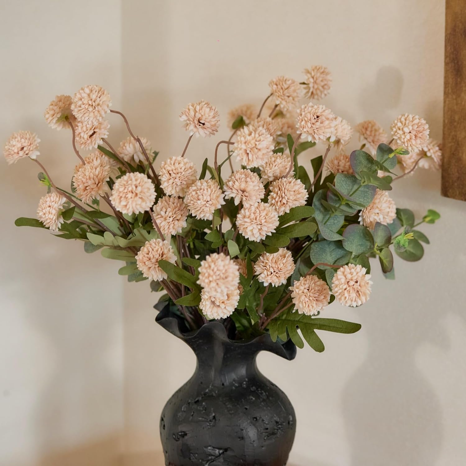 Artificial Chrysanthemum Flowers Valentines Day Decoration, 10 Stems Faux Silk Pompon Mum Balls With Bendable Stems, Fall Wedding Centerpieces Decor, Diy Bouquet Fillers(Beige)