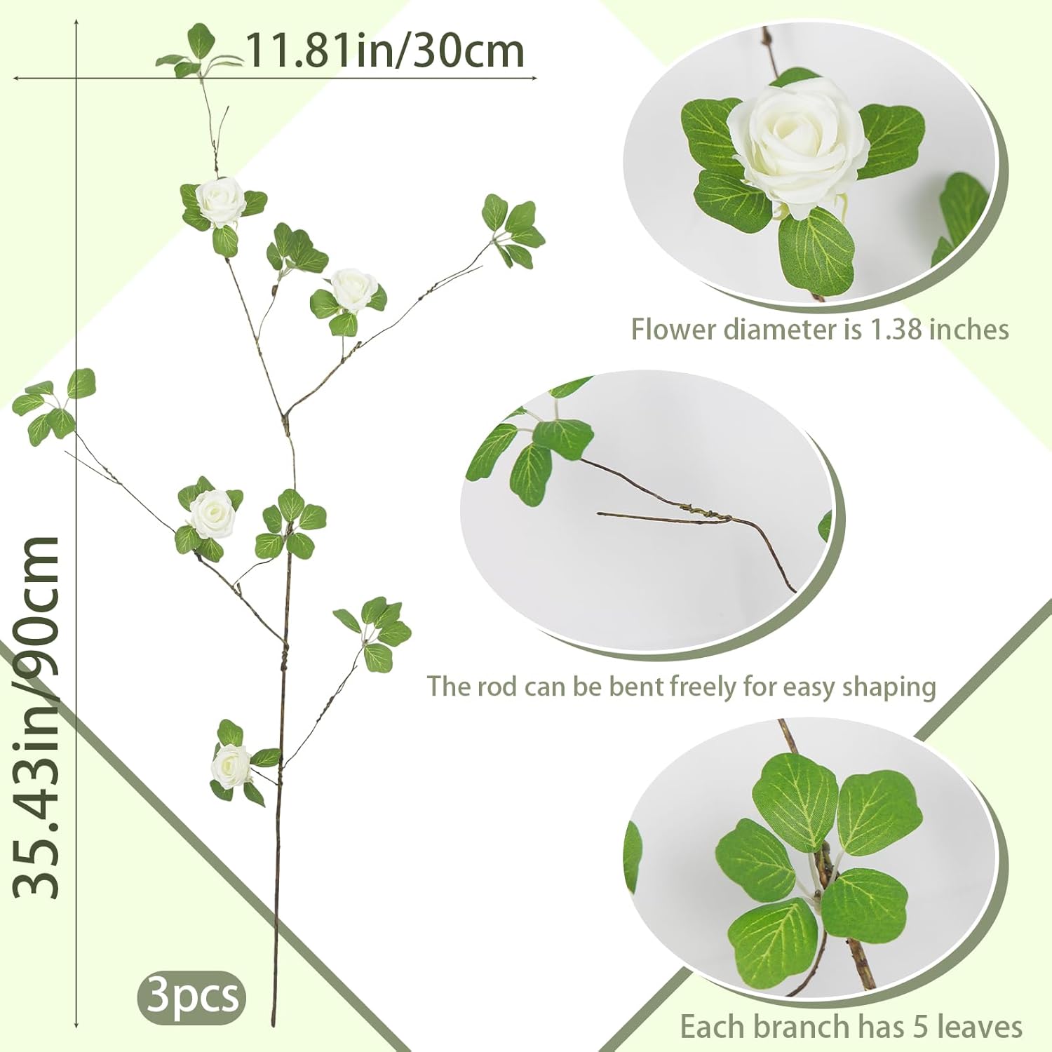 3 Pcs Artificial Greenery Stems Plants With White Roses Flowers 29.5" Faux Branches For Vase Filler Fake Ficus Twig Plants For Home Office Party Wedding Shop Spring Summer Fall Decoration