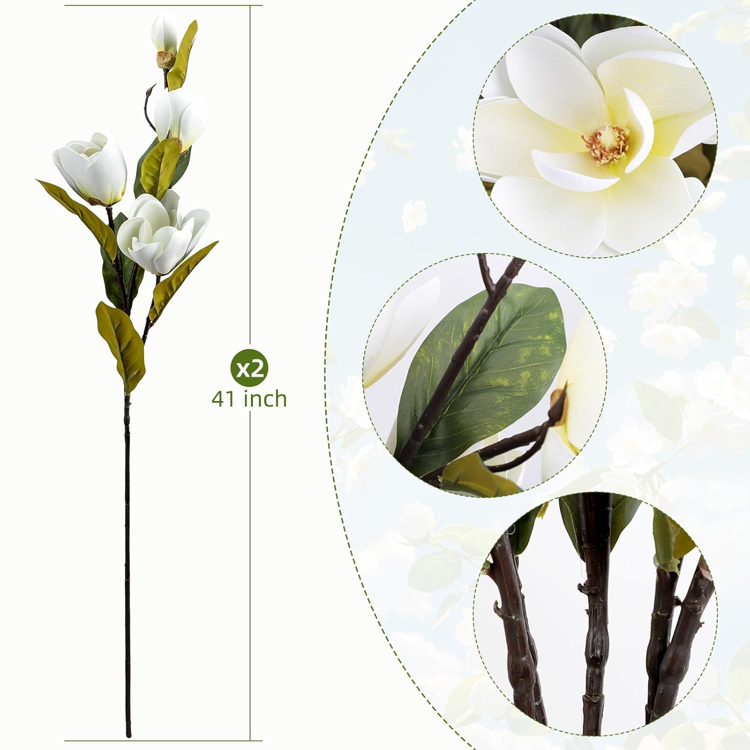 2 Pcs 41Inch Artificial Magnolia Flowers 3D Real Touch 8 Heads Faux Magnolia Flowers Realistic Long Stem With Green Leaves For Home Wedding Table Office Floral Arrangement Decoration (White)