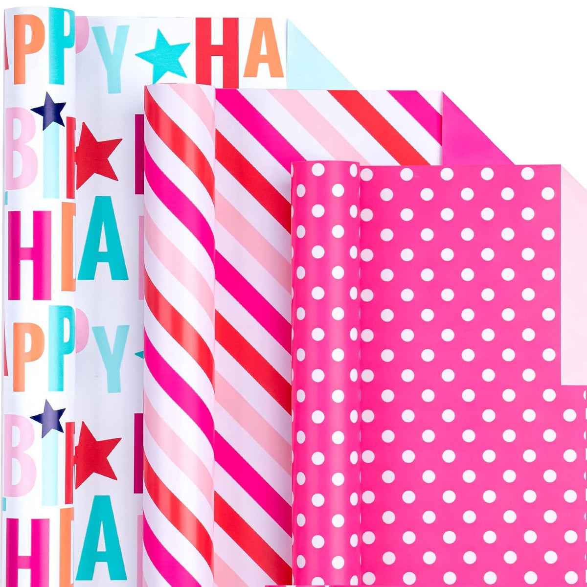 Reversible Birthday Wrapping Paper Roll - Mini Roll -Happy Birthday & Teal/Dot & Pink/Stripe And Hot Pink Design - 17 X 120 Inches - 3 Rolls (42.5 Sq.Ft.Ttl.)