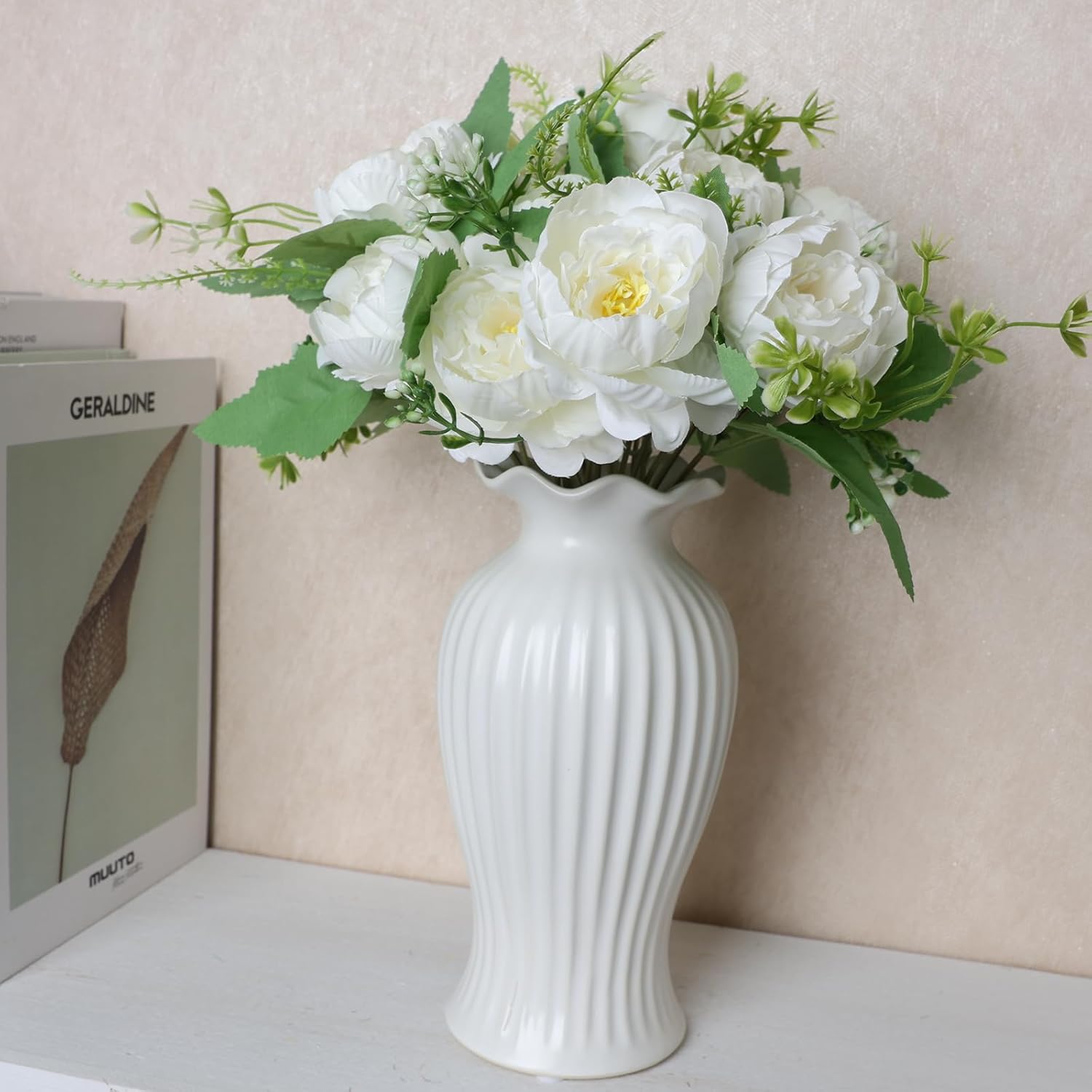 12 Bundles Peonies Artificial Flowers Artificial Peonies Silk Flowers Fake Peonies Artificial Flowers Wedding Home Table Decoration Realistic Peonies Bouquet For Centerpiece Table (White)