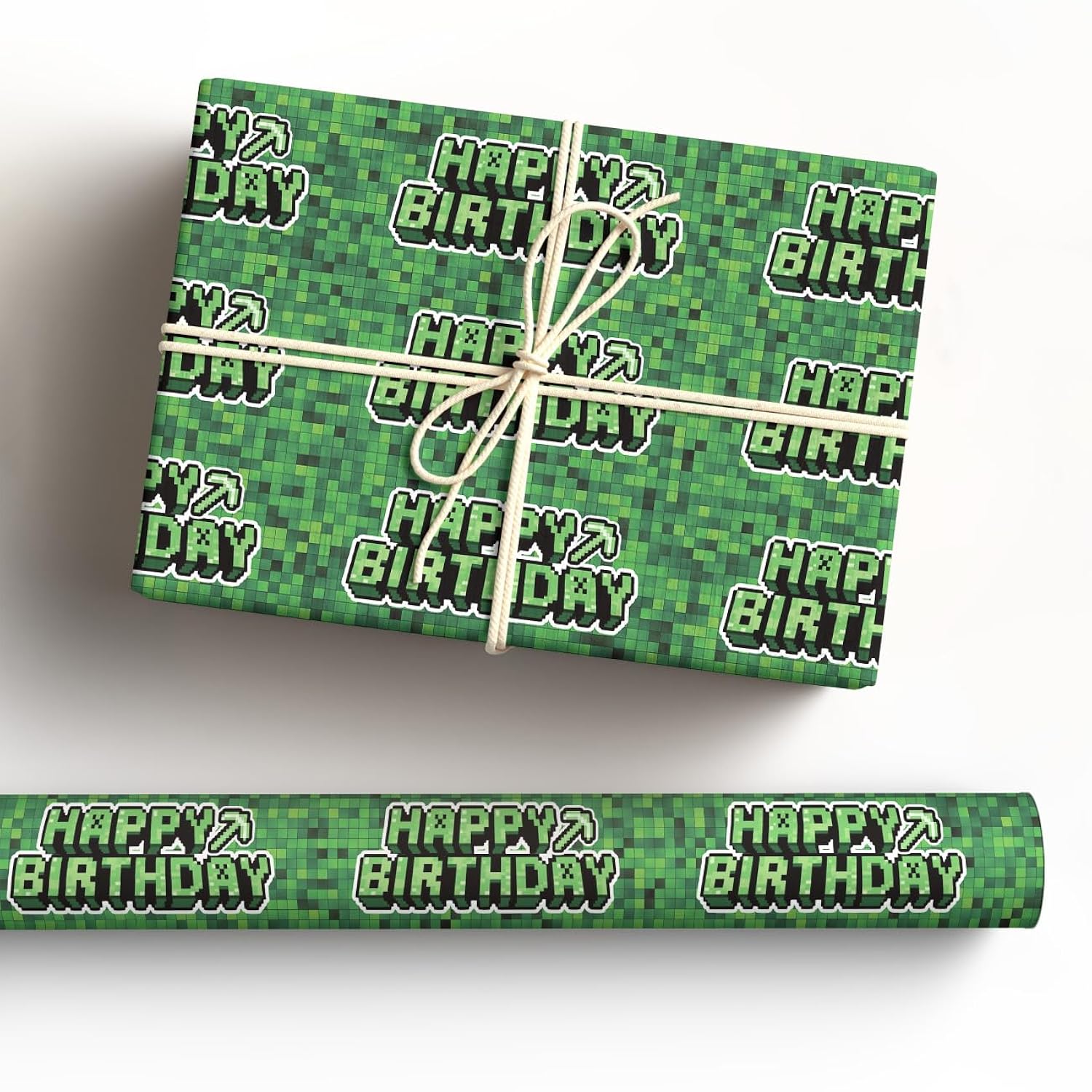 Birthday Wrapping Paper Boy Happy Gift Wrap Bag Party Decoration For Kids Gamer Thick Cute Pixel Style 17X29.5” 10 Sheets In A Roll Green