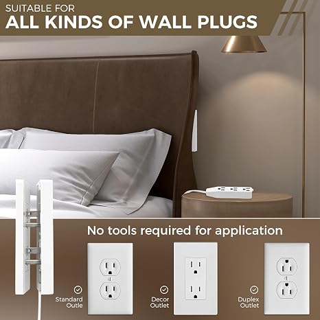 Outlet Concealer Power Strip Cover Extender 3 AC Outlets 5ft Flat Plug Cord