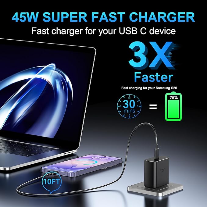 45W USB C Super Fast Charger with 10FT Type C Cable for Samsung Galaxy S26 S25 S24 S23 S22