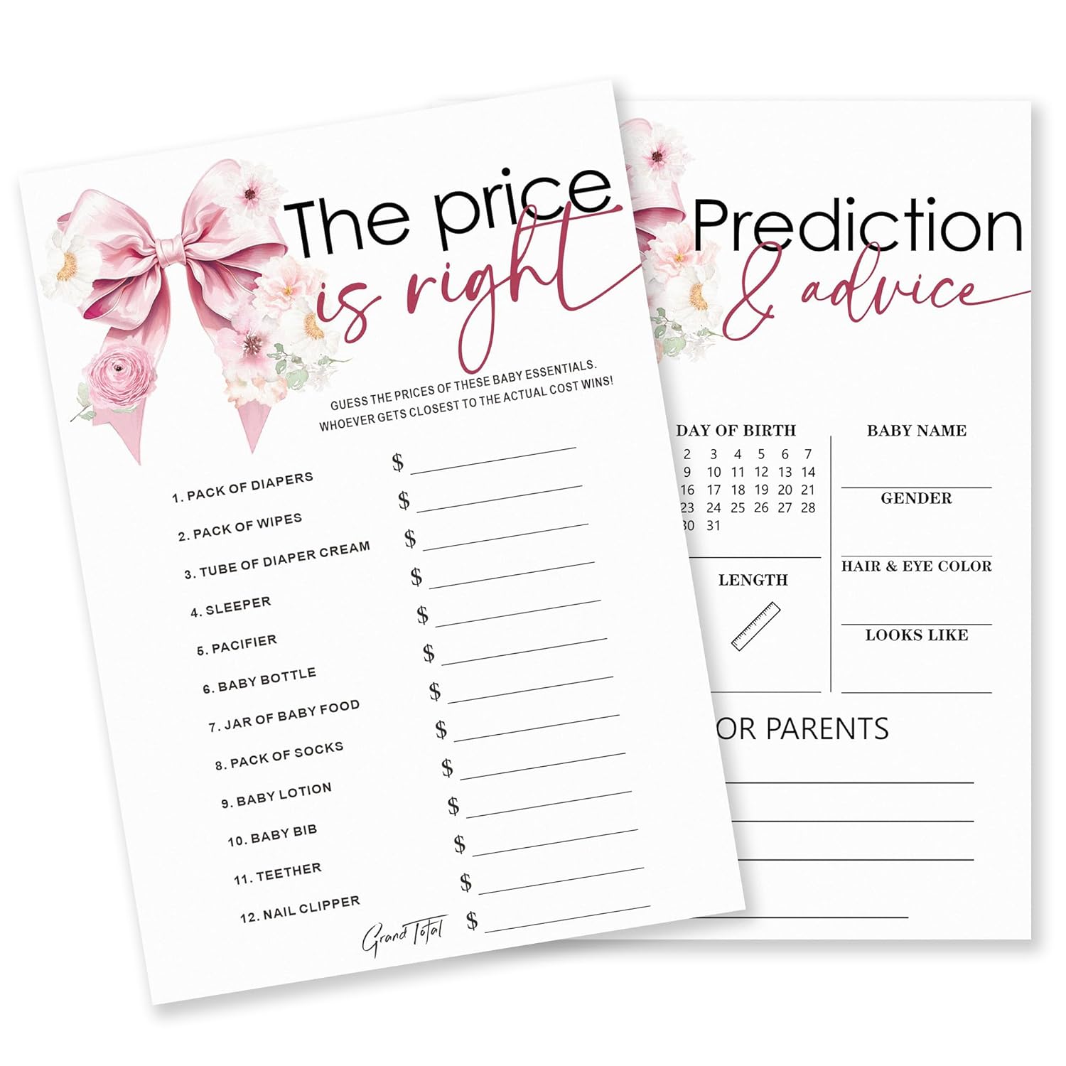 The Price Is Right & Predictions Advice Theme Baby Shower Game Activities-30 Pink Bow & Flowers Double-Sided Game Cards(5’’X7 ’’) For Boys & Girls-Gender Natural Decorations & Supplies-A05