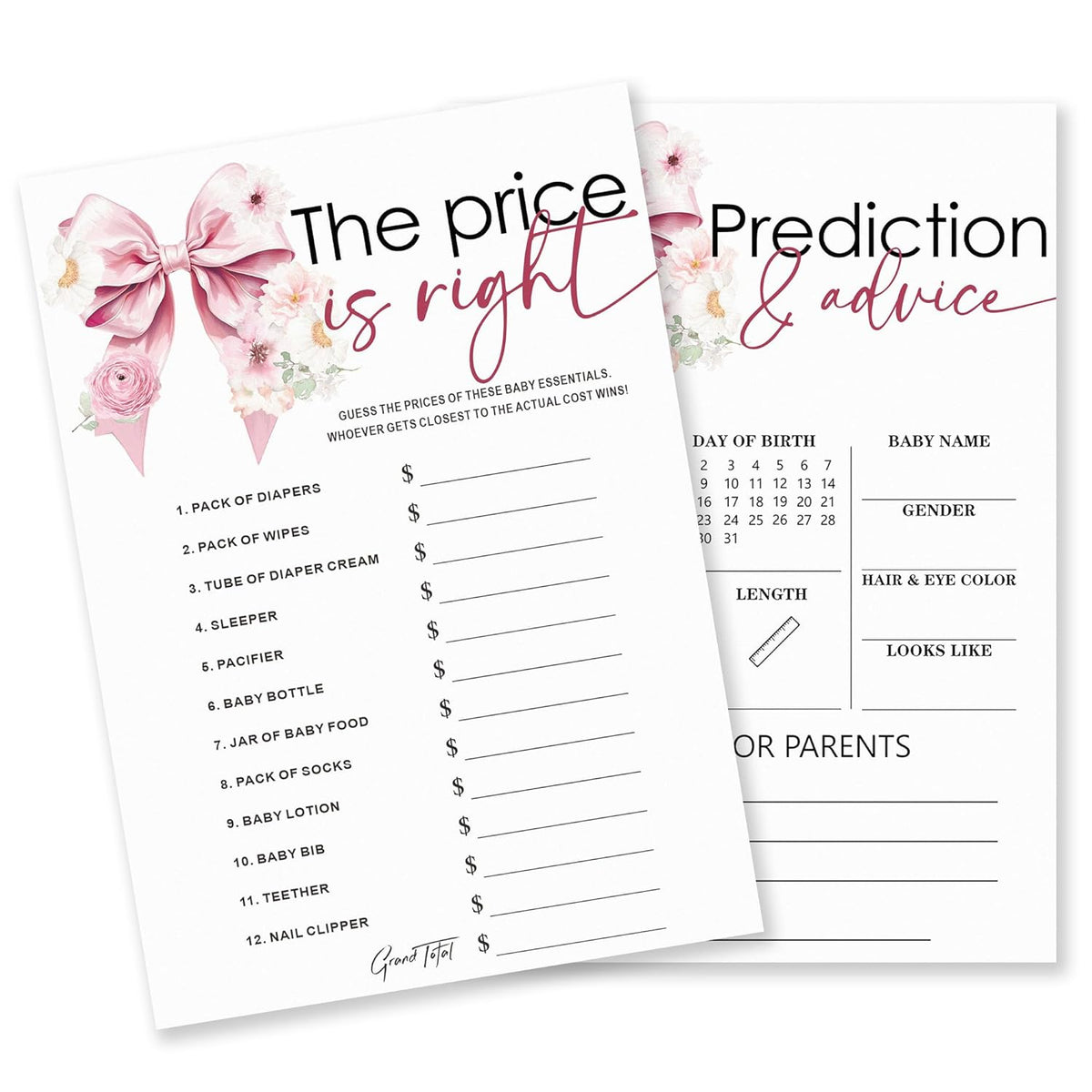 The Price Is Right & Predictions Advice Theme Baby Shower Game Activities-30 Pink Bow & Flowers Double-Sided Game Cards(5’’X7 ’’) For Boys & Girls-Gender Natural Decorations & Supplies-A05