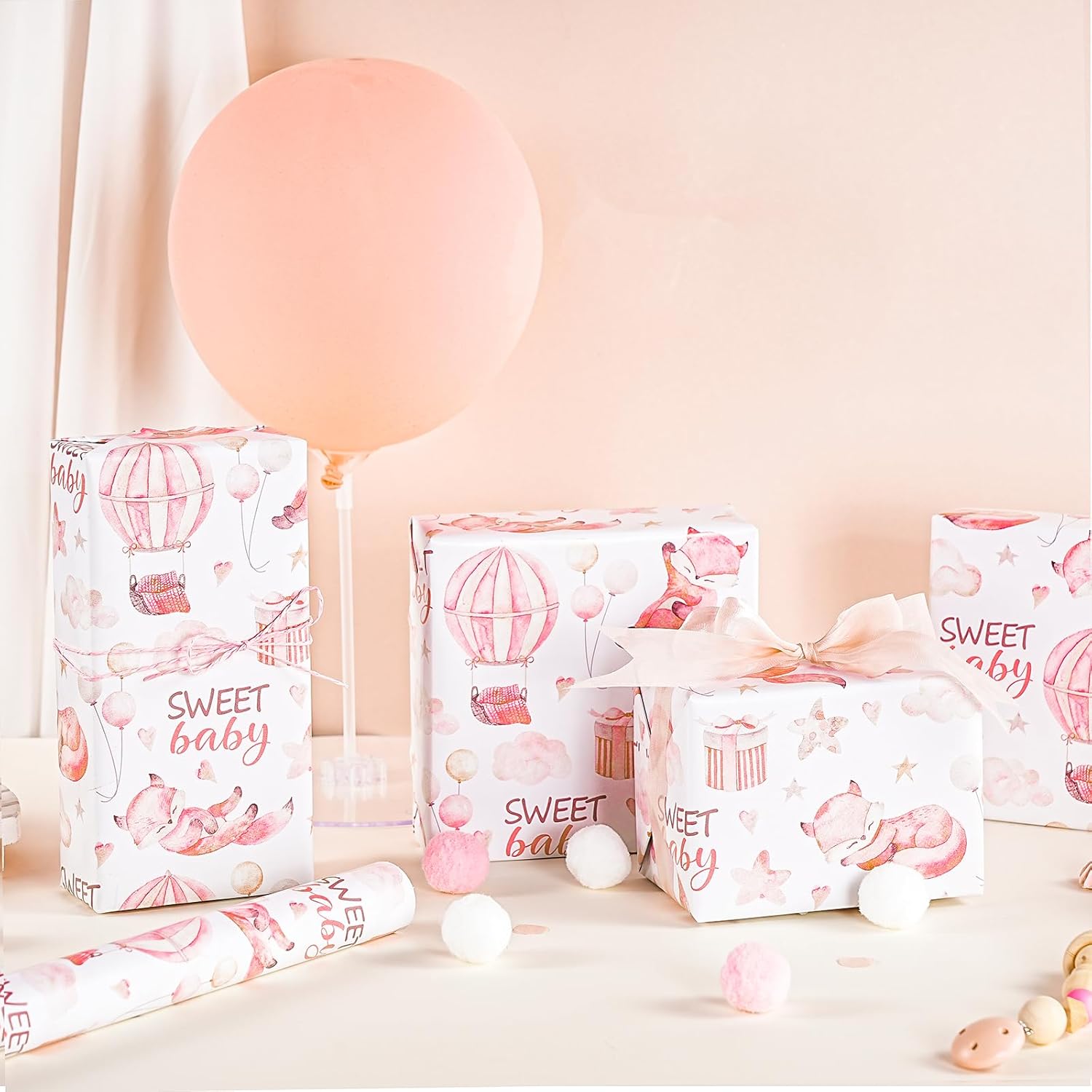 Pink Fox Wrapping Paper Roll For Kids Girls, Sweet Baby Fox With Clouds Stars Balloons Hearts Gift Wrap For 1St Baby Girl Birthday, Baby Shower, Newborn Party Gift, 17 In X 16.4 Ft