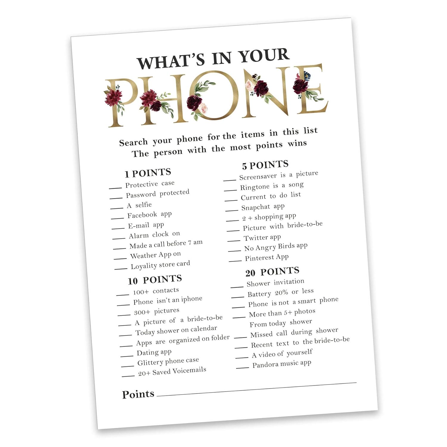 Bridal Shower Game Wedding Shower Bachelorette Party Bulk Activity Game Cards 50-Pack Floral Whats On Your Phone