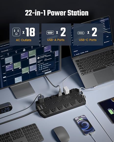 Surge Protector Power Strip 18 Outlets 4 USB Ports 2100J 15FT Flat Plug Extension Cord Black