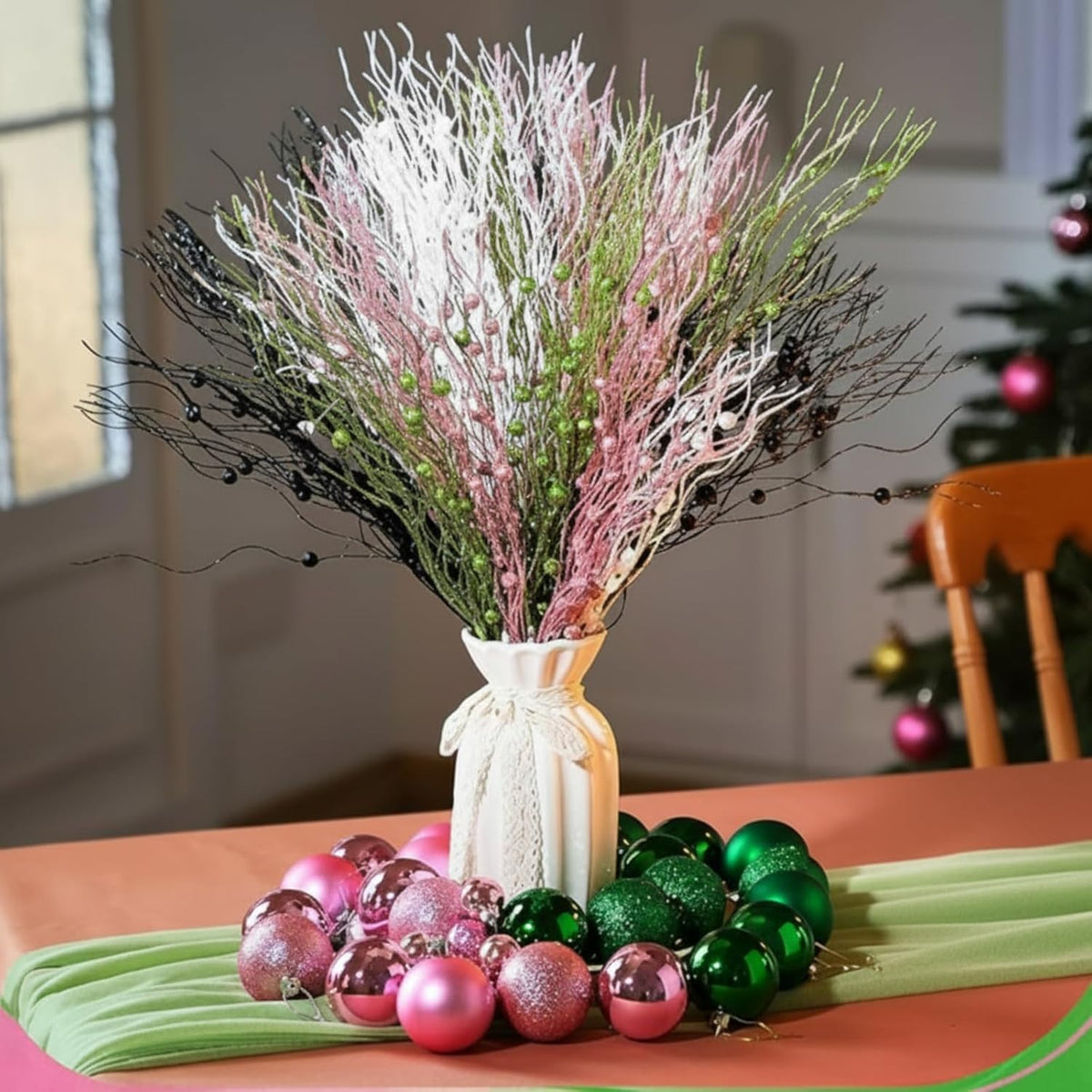 48 Pcs Green And Pink Berries Stems Artificial Christmas Picks For Christmas Tree Ornaments Wreath, Glittering Branches Xmas Tree Wreaths, Gift Vases, Holiday And Witch Party Decoration
