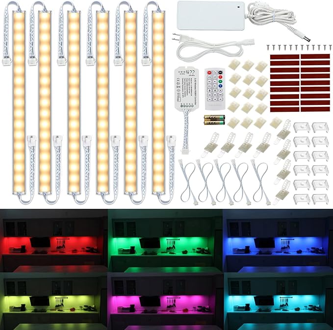 RGB Under Cabinet LED Lighting Kit with Warm White Light Dimmable Linkable LED Light Bars Plug In Setup
