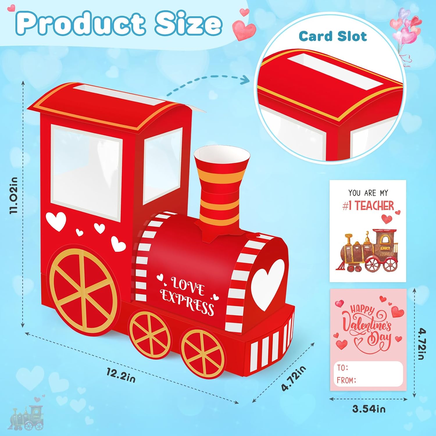 Train Valentines Day Box And Cards For Kids Classroom School Exchange, Great Valentines Gifts Party Favors For Boys Girls (1 Cute Train Box, 32 Valentine Cards, 1 Teacher Card)