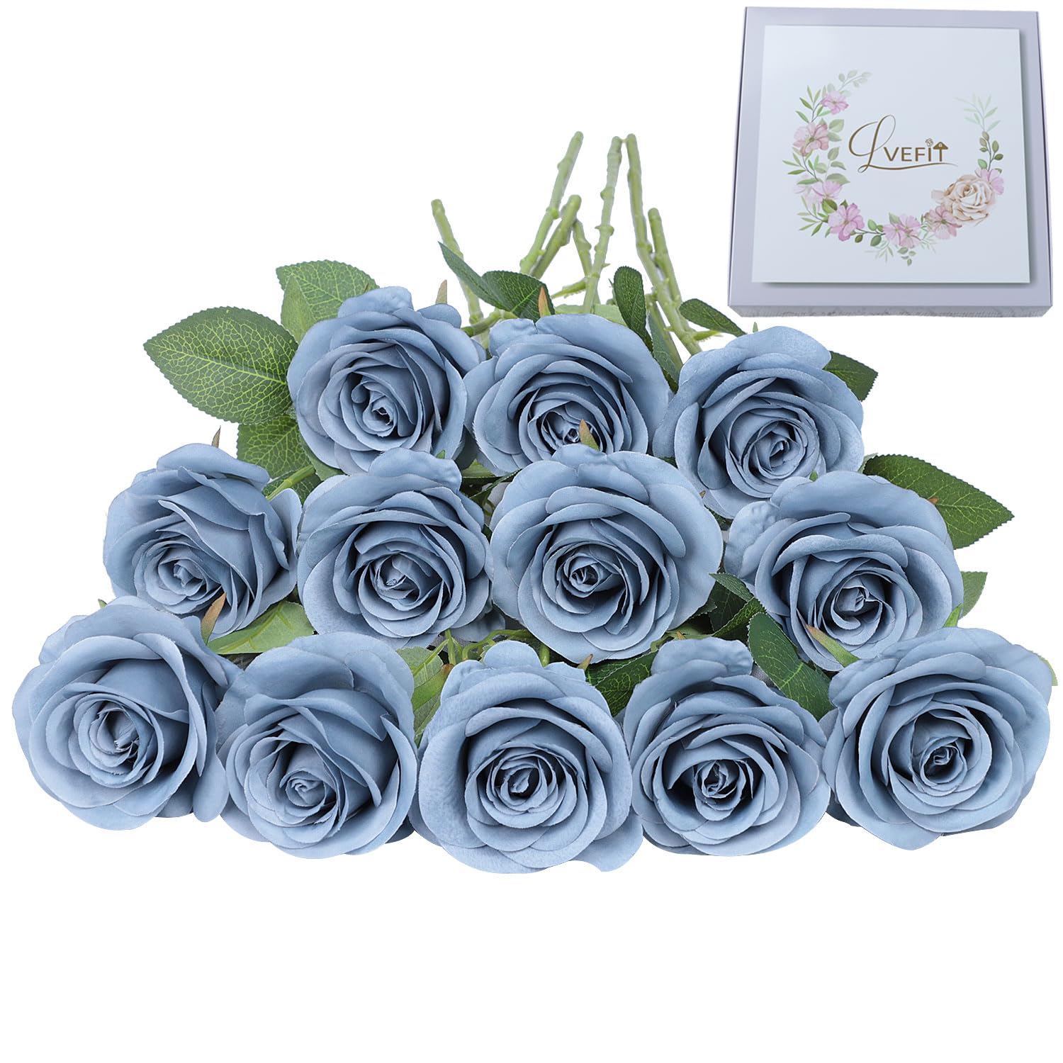 Artificial Rose Flower Artificial Flowers Flower With Long Stem Silk Roses Bouquet For Wedding Bridal Shower Party Home Decoration (Dusty Blue, 12 Pcs)