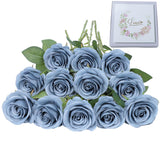 Artificial Rose Flower Artificial Flowers Flower With Long Stem Silk Roses Bouquet For Wedding Bridal Shower Party Home Decoration (Dusty Blue, 12 Pcs)
