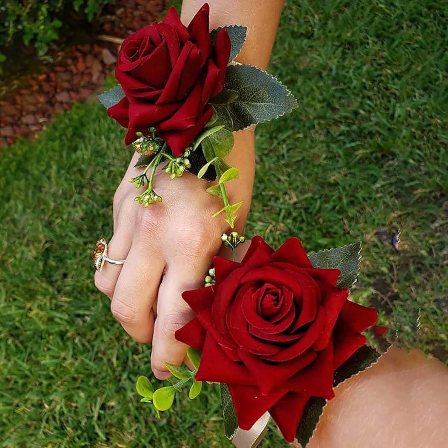 Red Rose Wrist Corsage, Gold-Accented Artificial Flowers With Satin Ribbon, Wedding And Prom Formal Wear