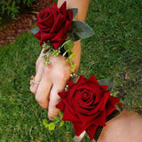 Red Rose Wrist Corsage, Gold-Accented Artificial Flowers With Satin Ribbon, Wedding And Prom Formal Wear