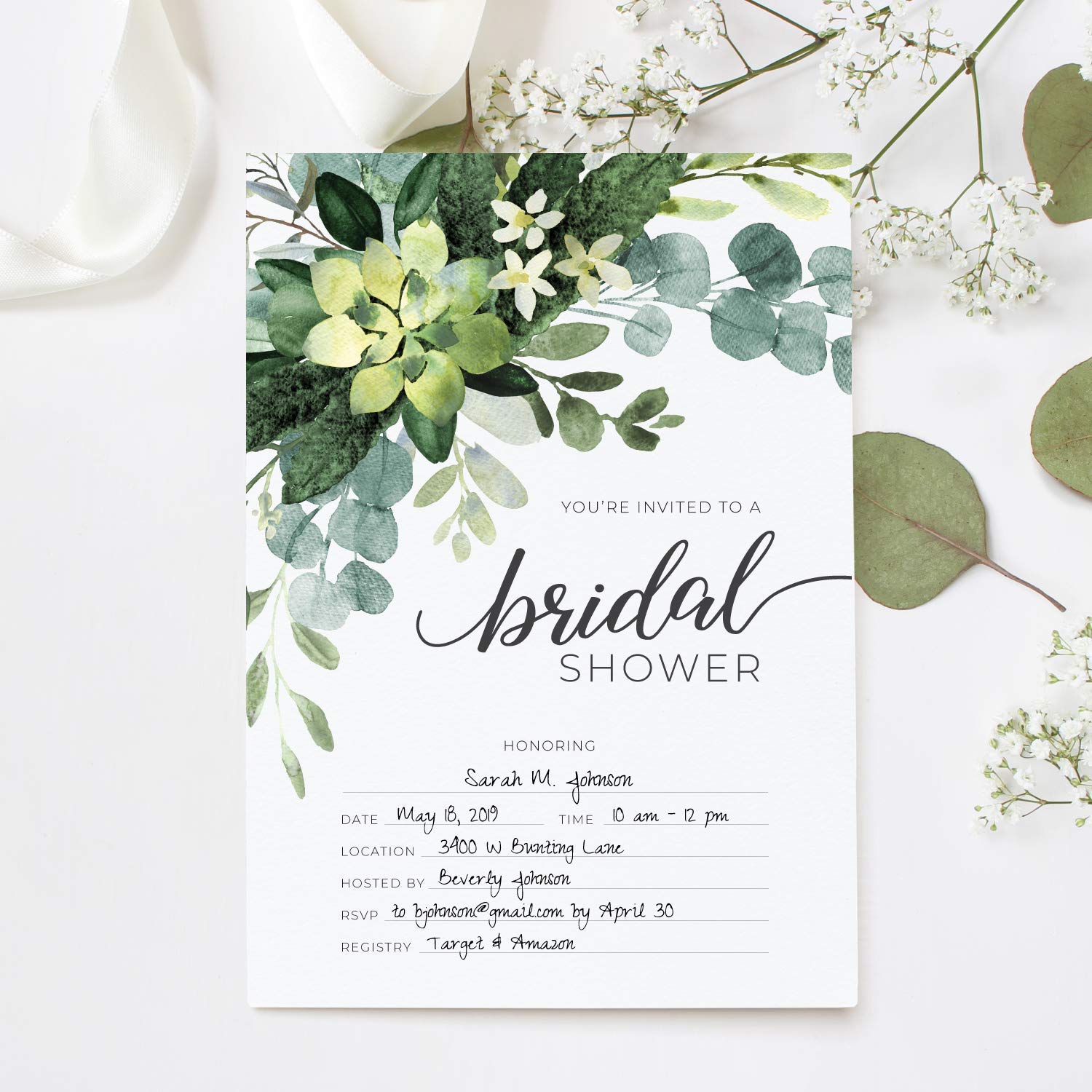 Lush Greenery Fill In The Blank Bridal Shower Invitation / 25 Floral Bridal Shower Invitations With Envelopes / 5" X 7" Bride To Be Flat Invite Cards/Made In The Usa