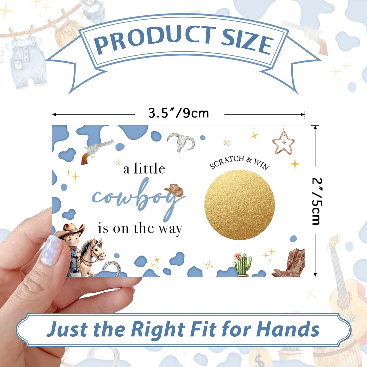50 Pcs Baby Shower Scratch Off Cards Boy - Western Cowboy Theme, 'A Little Cowboy Is On The Way' Boy Baby Shower Game Tickets, Blue Gender Reveal Party Supplies -C2
