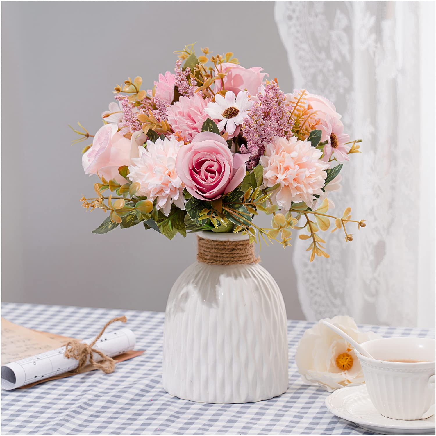 Fake Flowers In Vase, Artificial Pink Flowers In Vase For Decoration Faux Flowers Fake Floral For Home Decor Indoor Dining Table Centerpiece (Pink)