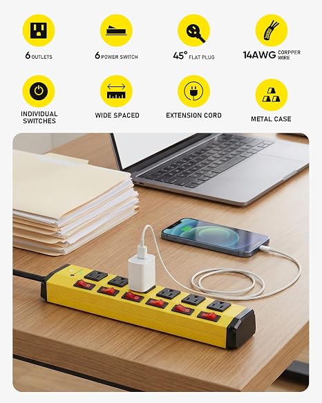 Heavy Duty Metal Surge Protector Power Strip 6 Outlets Individual Switches 1200J 6FT 14AWG Flat Plug