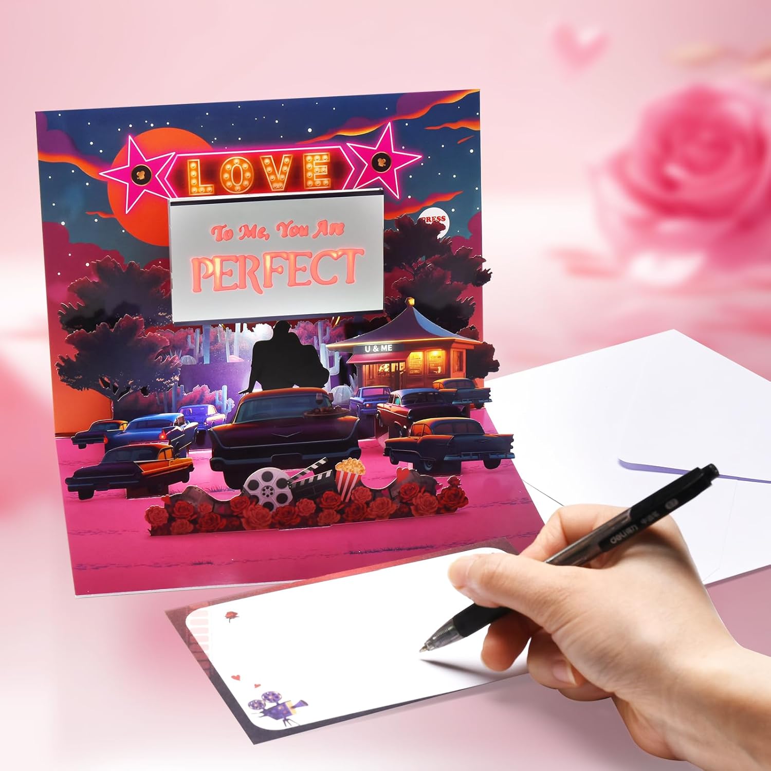 Valentine’S Day Card With Lights & Music, 3D Pop Up Musical Anniversary Card For Wife Husband Girlfriend Boyfriend, Romantic Drive-In Movie Theater Sweet Greeting Card For Couples