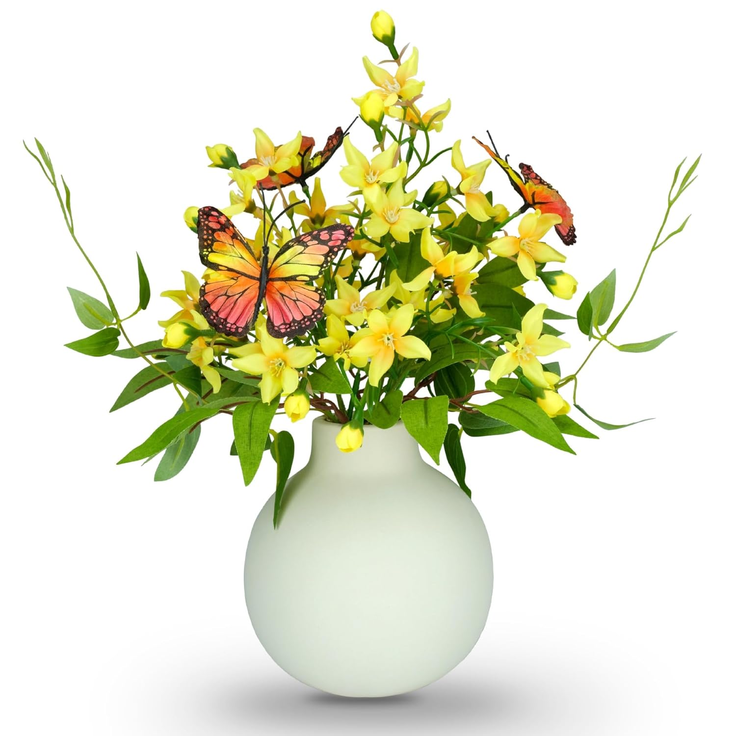 Artificial Freesia Bouquet In Ivory Ceramic Vase, Silk Flower And Butterfly Arrangements For Table Centerpiece Decoration (Freesia)
