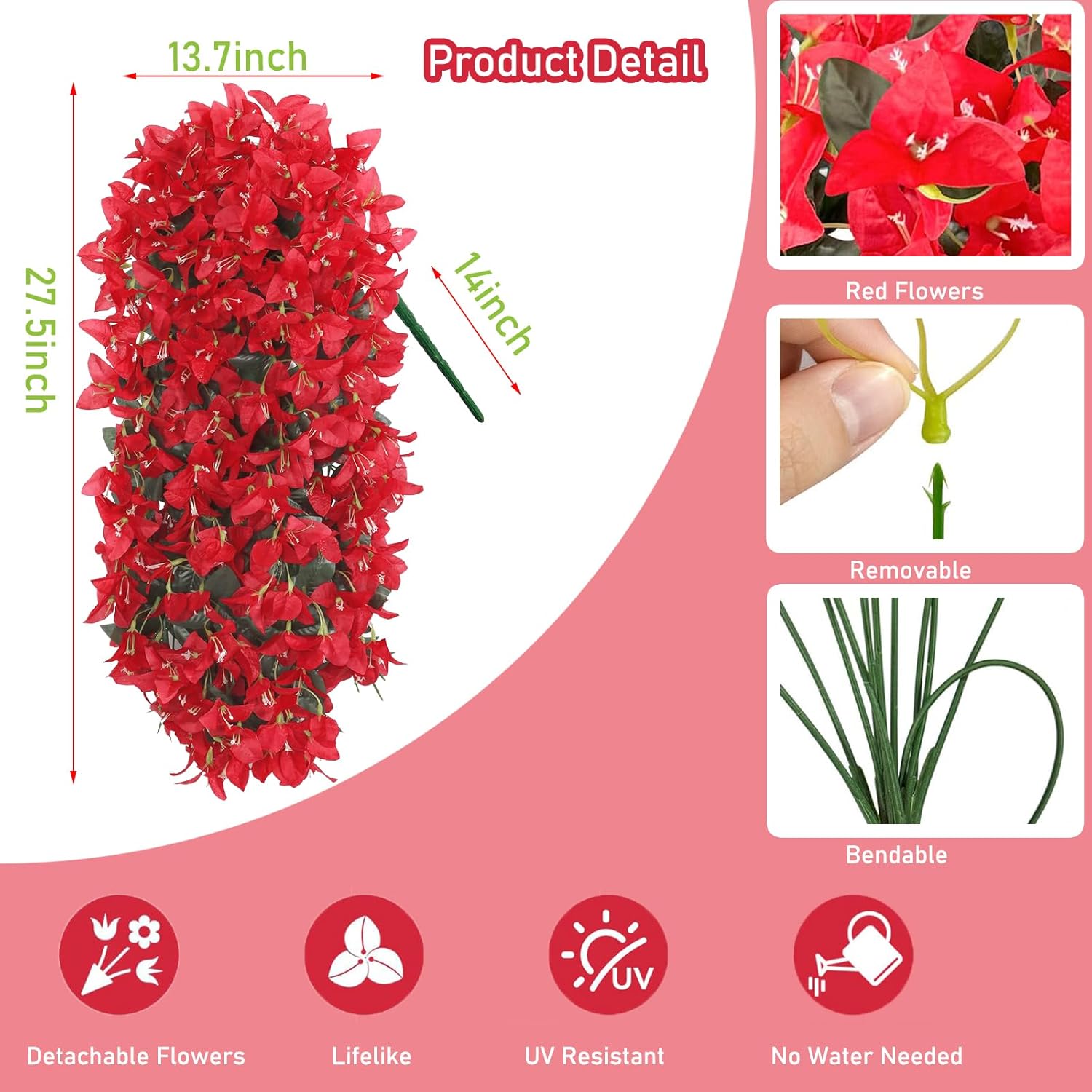 4Pcs 27.5 Inch Red Artificial Bougainvillea Flower Garlands – Silk Fake Vines With 156 Flowers And 48 Leaves, Realistic Artificial Flowers With Stems For Indoor And Outdoor