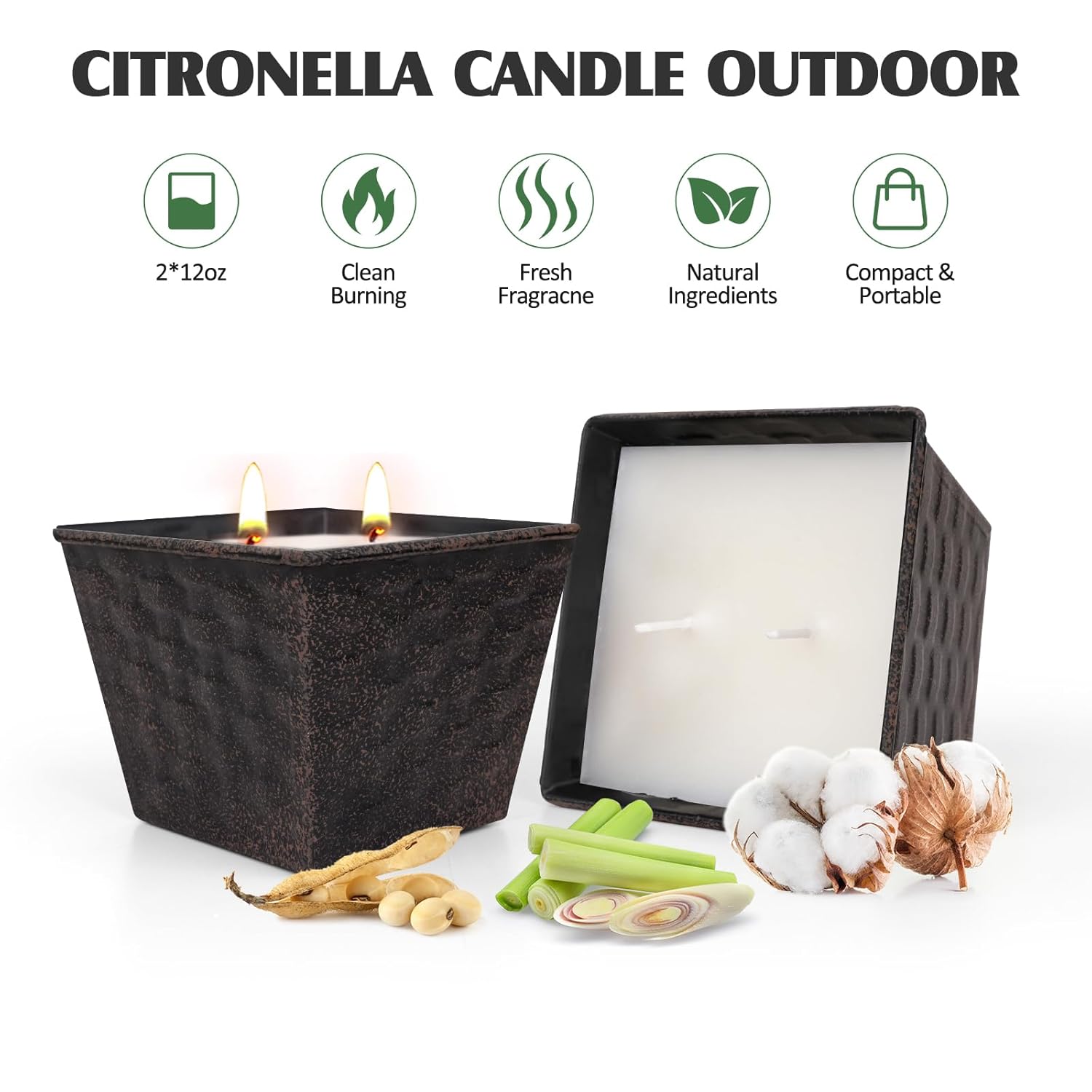 Citronella Candles Outdoor – 2 Pack, 12Oz Each, Large Double-Wick Soy Wax Candles, 100-Hour Burn Time, For Patio, Camping, Backyard, Emergency & Survival