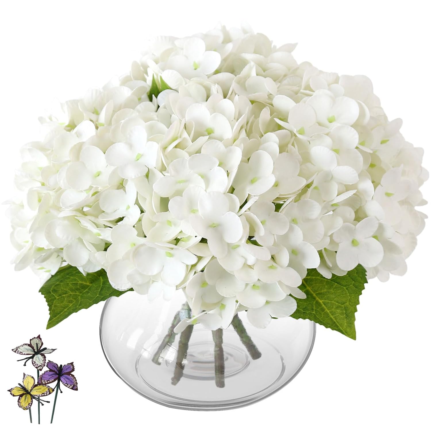 Hydrangea Artificial Flowers With Vase,White Real Touch Hydrangea Flowers With Butterfly,Faux Hydrangea Flowers For Floral Centerpieces For Tables,Home Decor,Wedding Decor,Coffee Table Decor