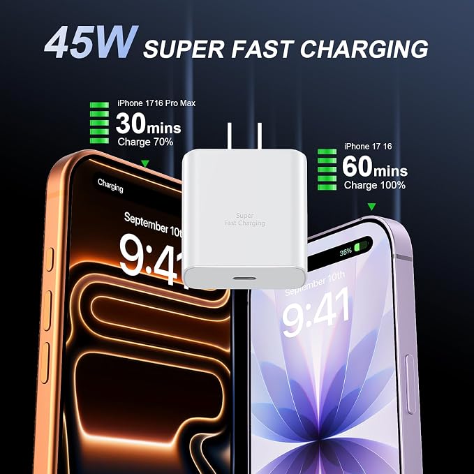 45W USB C Fast Charger with 10FT Type C Charging Cable for iPhone 17 16 15 Pro Max Plus Samsung Galaxy S25 Wall Charger