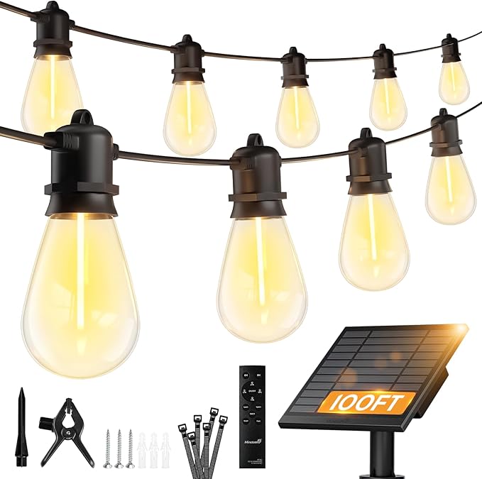 100FT Solar S14 String Lights Waterproof Remote Type C Dimmable Patio Lights