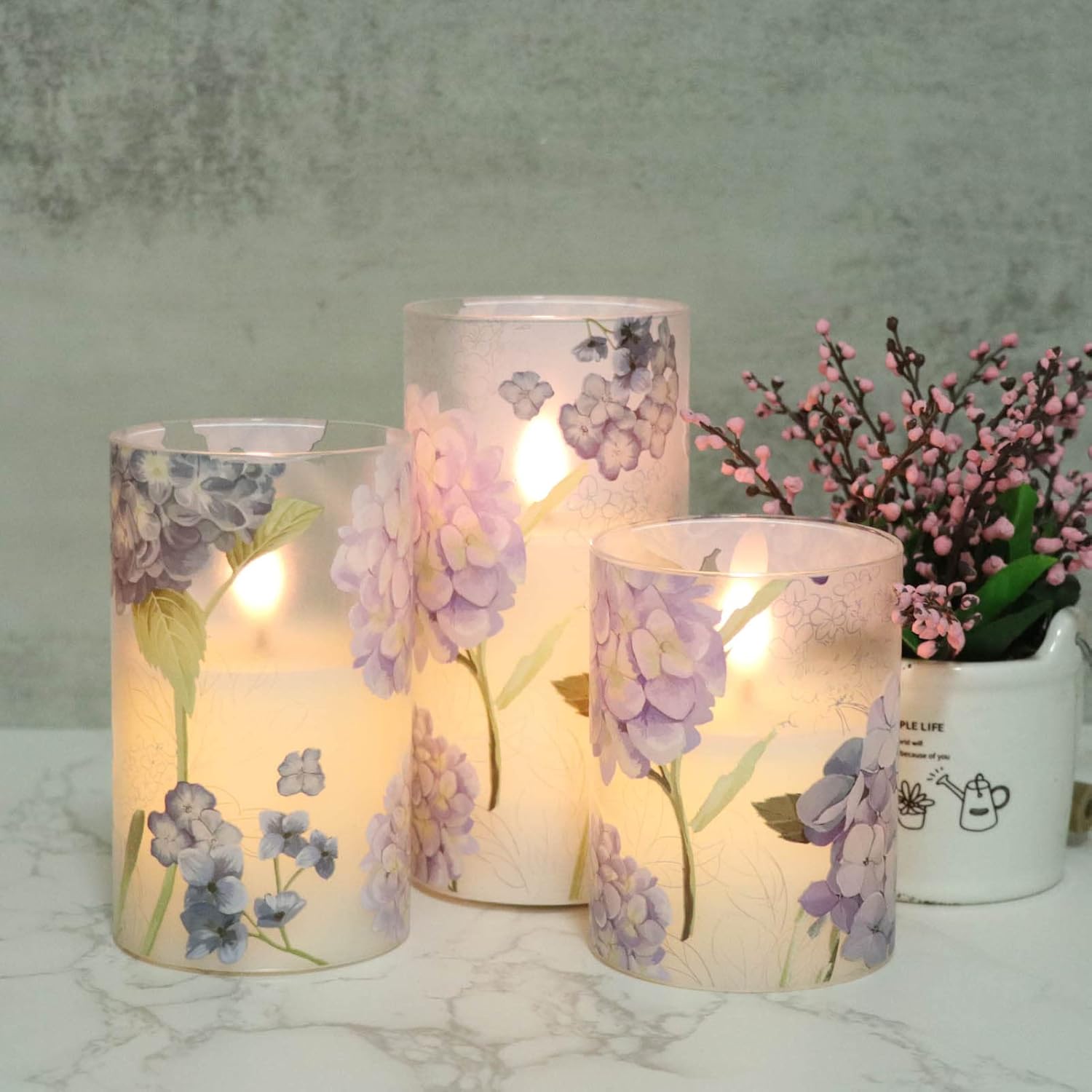 Hydrangea Glass Flameless Candles With Remote Timer Battery Operated Led Flickering Pillar Candles Real Wax Spring Dinner Christmas Holiday Decor D3 X H4, 5", 6"